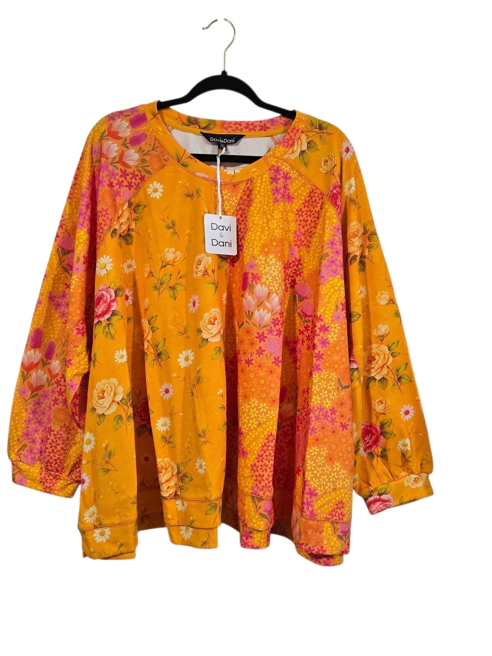 DAVI & DANI Mustard Yellow and Pink Floral Oversized Sweatshirt Long Sleeve 2XL
